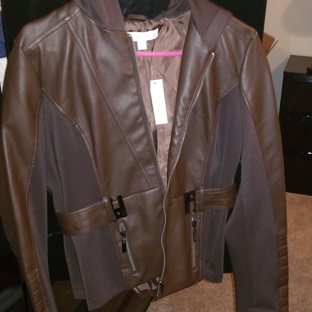 NWT NY&Co Leather Jacket Brown Hooded Medium